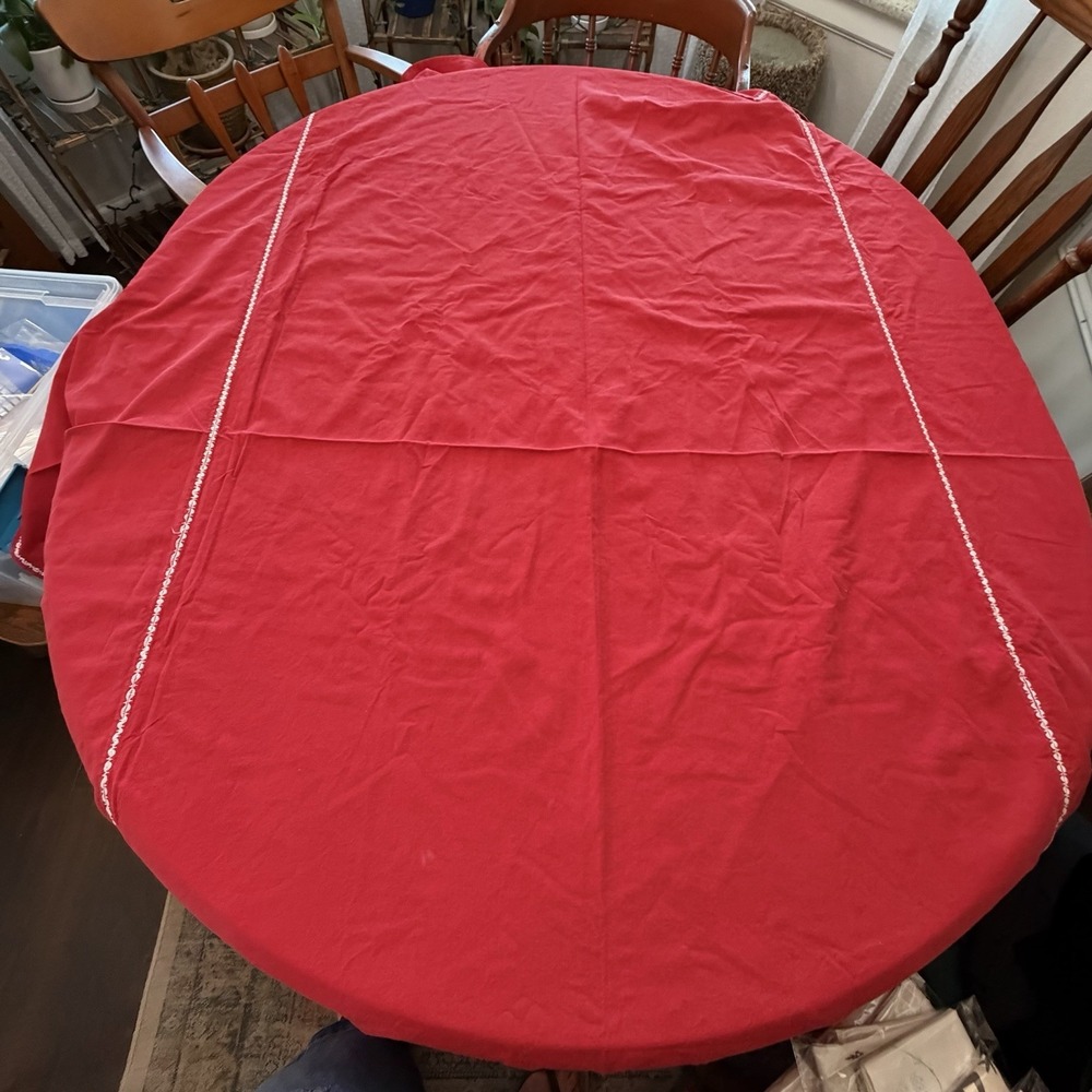 Vintage Red Cotton Rectangular Tablecloth White Scallop Stitch 66x84 Farm